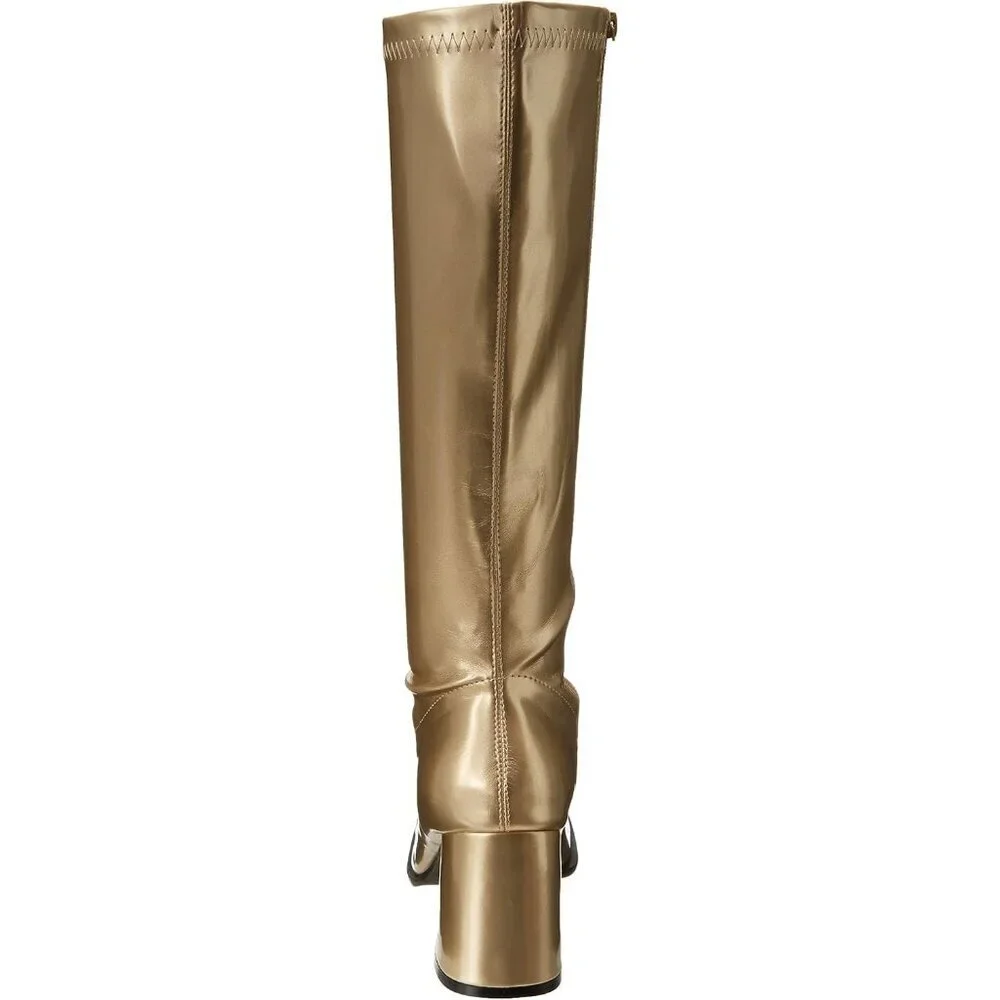 Women's Polyurethane Gold Gogo Knee High Peep-Toe Sling back Chunky Heels Boot